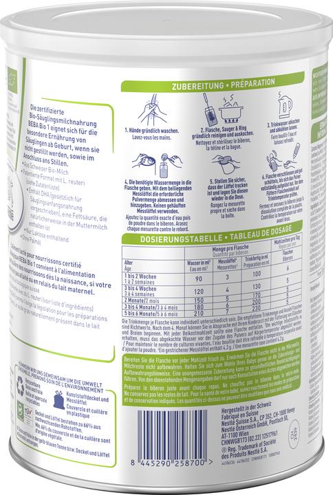 Nährwerte und Zutaten Beba Bio 1 (800 g, ab Geburt)