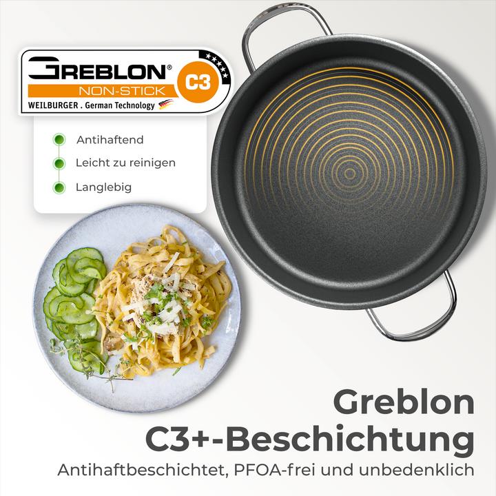 Produktbild KLAMER 28cm Induktion Servierpfanne, Antihaft, Backofenfest, inkl. Deckel (28 cm, Bräter + Schmortopf, Edelstahl)