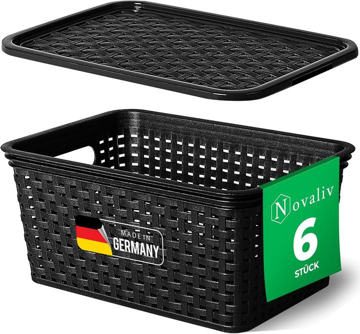 Immagine prodotto Novaliv 6er Set Aufbewahrungsboxen mit Deckel Klein 5L Korb Schwarz in Rattan Design Lebensmittelech (5 l)