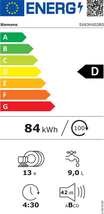 Energy Label Siemens Dishwasher, SX63HX02BD, built-in, 60cm, fully integrated