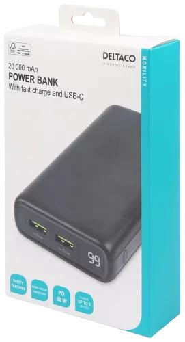 Productafbeelding Deltaco powerbank 20 000 mAh, 1x USB-C PD 60W, 2x USB-A snelladen (20000 mAh, 60 W, 74 Wh)