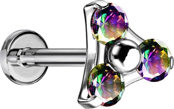 Star Piercing Micro Threadless Labret silber Dreieck drei Kristalle dunkel multicolor (ohne Messing, Titan G23)