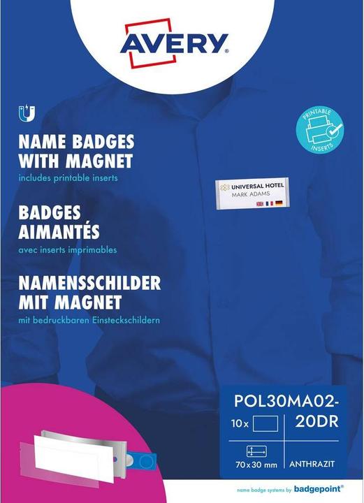 Actual product image Badgepoint POL30MA02-20DR Name badges, 65 x 30 mm, dark grey