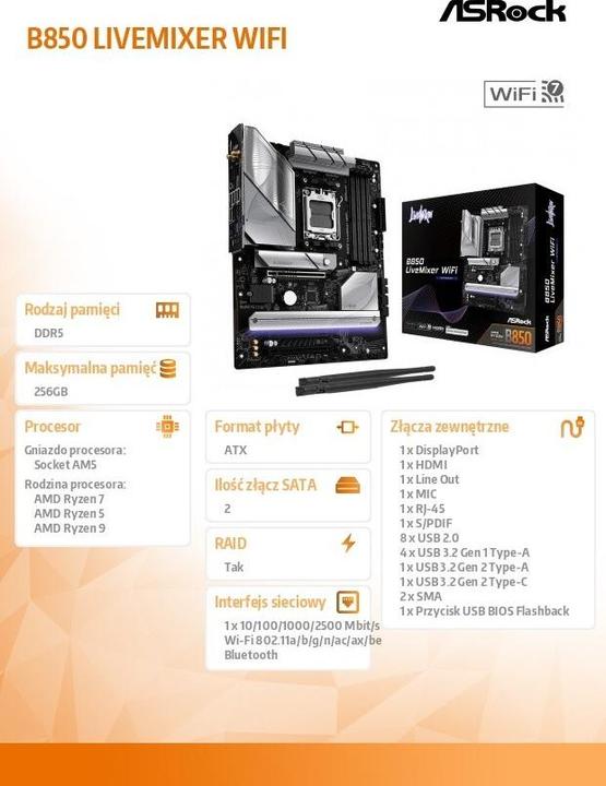 Productafbeelding AsRock B850 LiveMixer WiFi (AM5, AMD B850, ATX)