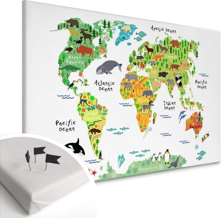 Produktbild Trenddeko mit Korkrückwand - Tierische Weltkarte (80 x 50 cm)