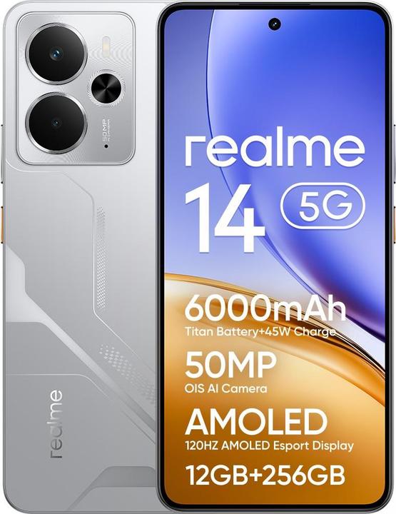 Immagine prodotto realme 14 5G Dual Sim 12GB RAM 256GB - Mecha Silver (256 GB, Argento mecha, 6.67", Doppia SIM, 50 Mpx, 5G)