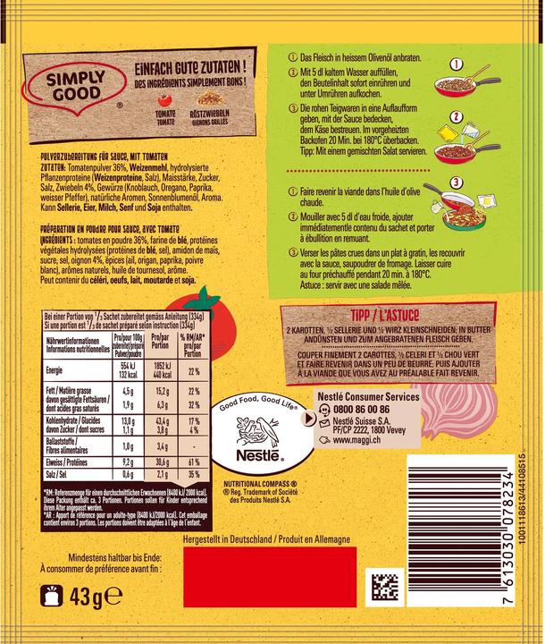 Nutritional values and ingredients Maggi Mix Pasta Bolognese (43 g)