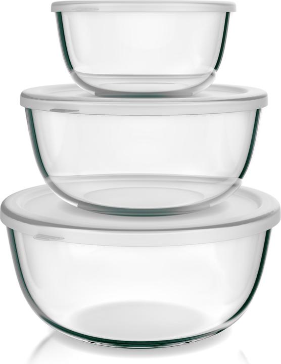 Arendo Salatschüssel 3er Set mit Deckel, Glasschüssel 1,1L / 2,7L / 4,4L, Glas Rührschüssel, Glasschale (27 cm, 4.40 l, 3 x)