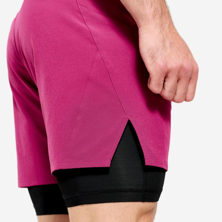Actual product image Domyos Men's 2-in-1 Breathable Zipped Pocket Fitness Shorts - Purple (M)