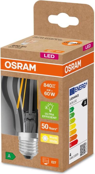 Image du produit Osram AMPOULES LED CLASSE ÉNERGIE A CLASSIC A 60 CL 4 W/3000 K E27 FIL (E27, 4 W, 806 lm, 1 x, A)