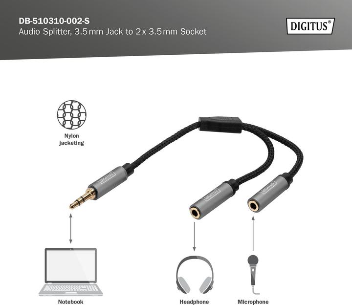 Actual product image Digitus Audio splitter, 3.5 mm jack to 2x 3.5 mm jack (0.20 m)