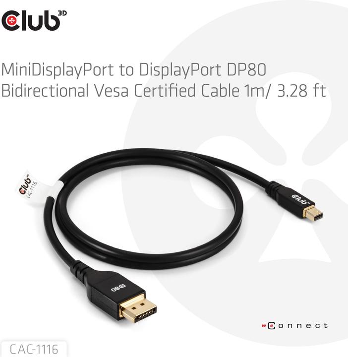 Actual product image Club 3D Club3D Cable Mini DP <> DisplayPort DP80 1m St/St retail (1 m, DisplayPort)