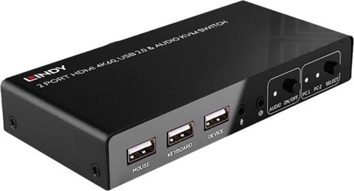 Lindy Switch KVM a 2 porte HDMI 4K60, USB 2.0 e audio Consente di commutare tra 2 PC HDMI da un'unica