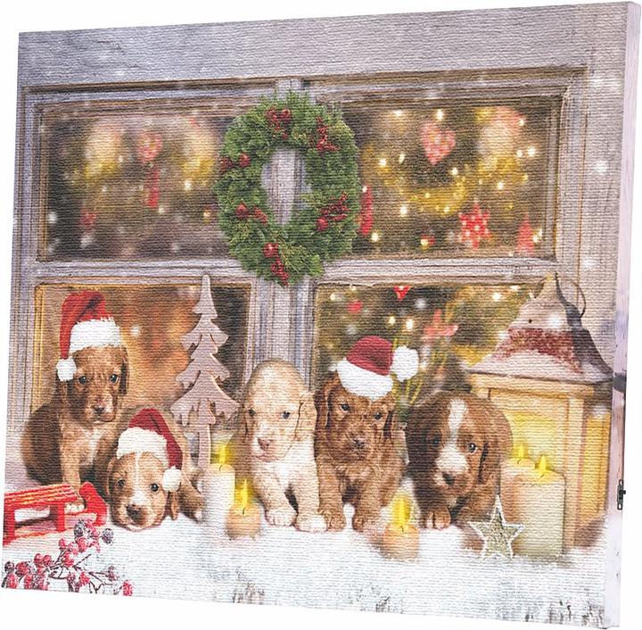 Produktbild Infactory LED-Wandbild, Weihnachts-Hundewelpen-Motiv (60 x 40 cm)