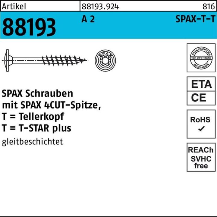 Label énergétique Spax Vis à tête plate R 88193 avec pointe/T-STAR TG 8 x 180/80-T40 A 2 (50 Vis par pièce)