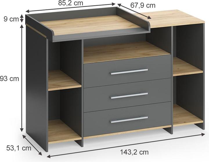 Actual product image Vichy Wickelkommode Oskar, Anthrazit/Goldkraft Eiche, 143.2 x 93 cm mit 3 Schubladen