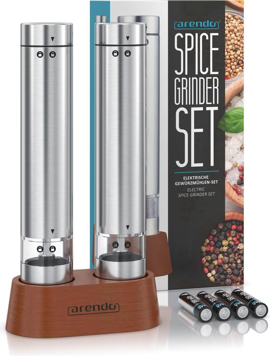 Actual product image Arendo Salz- & Pfeffermühle Elektrisch 2er Set, Gewürzmühlen, Edelstahl, Glasbehälter, Batteriebetrieben (Pepper, Herbs, Salt)