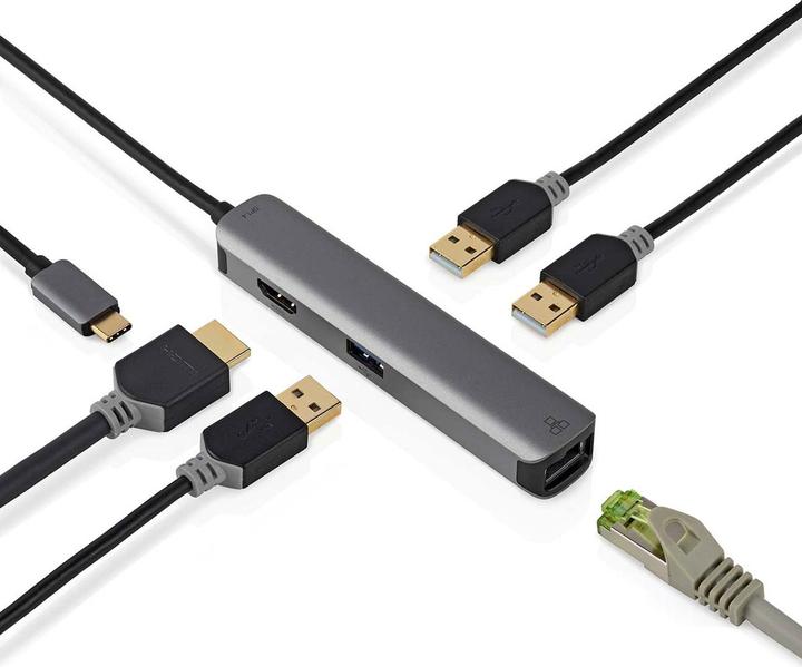 Image du produit Nedis Adaptateur USB multi-ports USB 3.2 Gen 1, USB-C™ mâle, HDMI™ femelle, RJ45 femelle, 3x USB-A femelle (USB-C, 5 Ports)