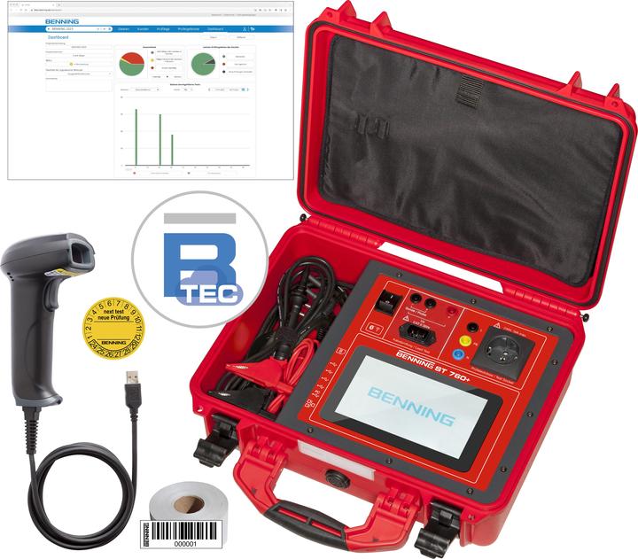 Calibration certificate., Cold appliance cable, Barcode scanner, Memory card, Test probe, 4 mm measuring lead, Tap-off terminal set, BTEC Smart 1 year - 100 % voucher, Inspection stickers 300 pcs., Barcode labels 1000 pcs., Self-compensating test lead, Test device in robust protective case (IP67)