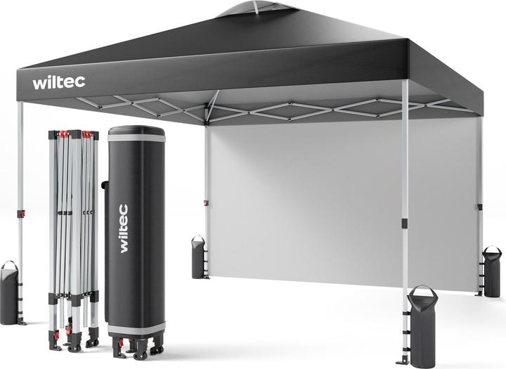 Wiltec Pop up Pavillon 3x3m grau Seitenteil Räder Gartenpavillon Faltpavillon (300 cm, 300 cm)