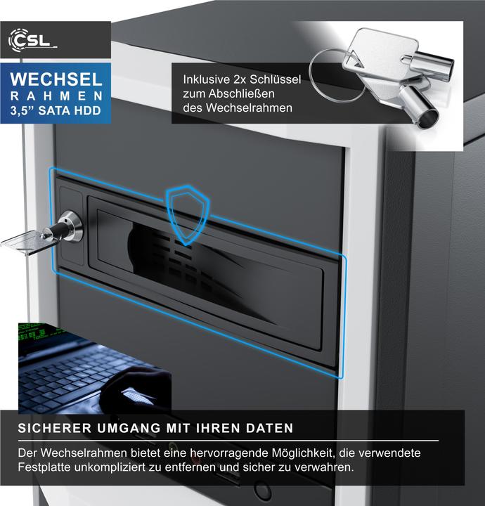 Produktbild CSL Festplatten Wechselrahmen, 5,25", für 3,5" SATA HDD's, Anti-Vibrations-Kit, Abschliessbar