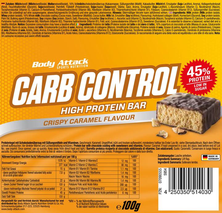 Produktbild Body Attack Carb Control (15x100g Riegel) (Stracciatella, 15 Stk., 1500 g)