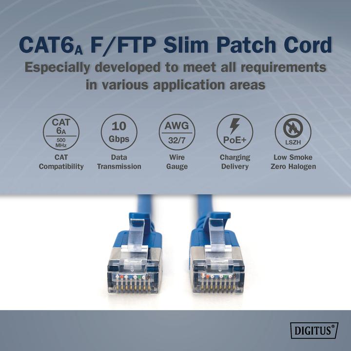 Produktbild Digitus CAT 6A Klasse Ea, F/FTP, Twisted Pair Patchkabel, Cu, LSZH, AWG 32/7, Länge: 1,5 m, blau (F/FTP, CAT6a, 1.50 m)