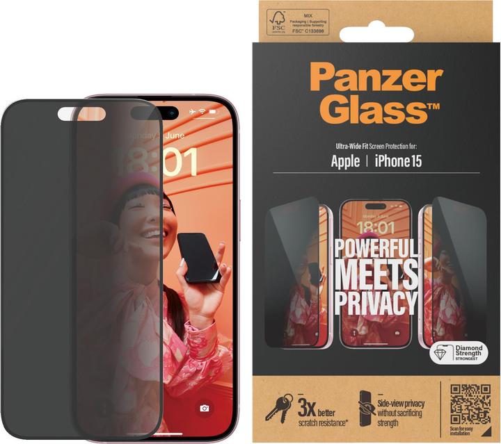 PanzerGlass Privacy Screen Protector iPhone 2023 6.1 Ultra-Wide Fit (1 Stuk, Apple iPhone 15)