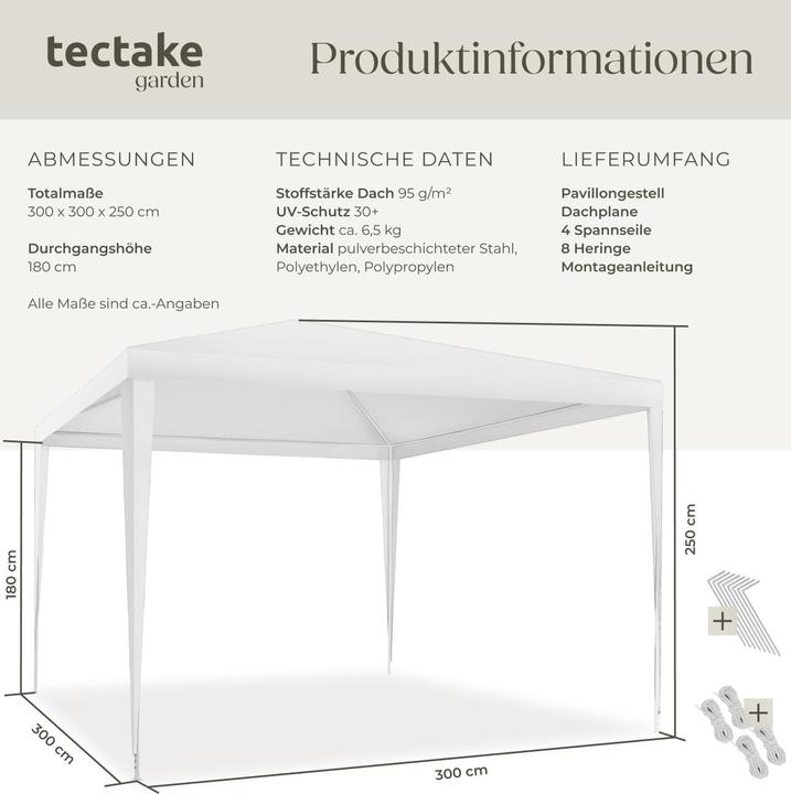 Produktbild tectake Pavillon Farah, wasserdicht, Stecksystem, 3x3m (300 cm, 300 cm)