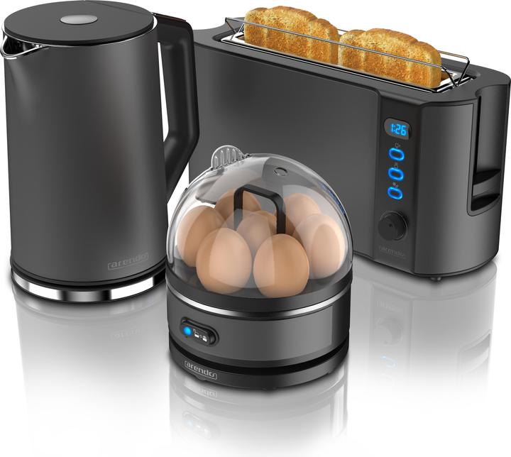 Produktbild Arendo Frühstücks Set, Wasserkocher 1,5l Temperaturwahl, 2-Scheiben Toaster & Eierkocher für 7 Eier, Grau