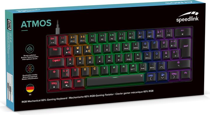 Actual product image Speedlink ATMOS RGB Rainbow Mechanical 60% Gaming Keyboard with brown switches, black - DE layout (DE, Wireless, Cable)