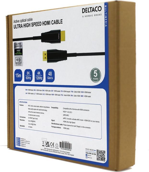 Produktbild Deltaco - AOC HDMI Kabel - Ultra High Speed Gecertificeerd - 15 meter - Zwart (15 m, HDMI)