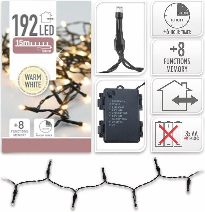 Produktbild Nampook ŁAŃCUCH LED 192L CIEPŁY na baterie 14,5m +8FUNKCJI,TIMER 3x AA 1,5V (14.50 m)