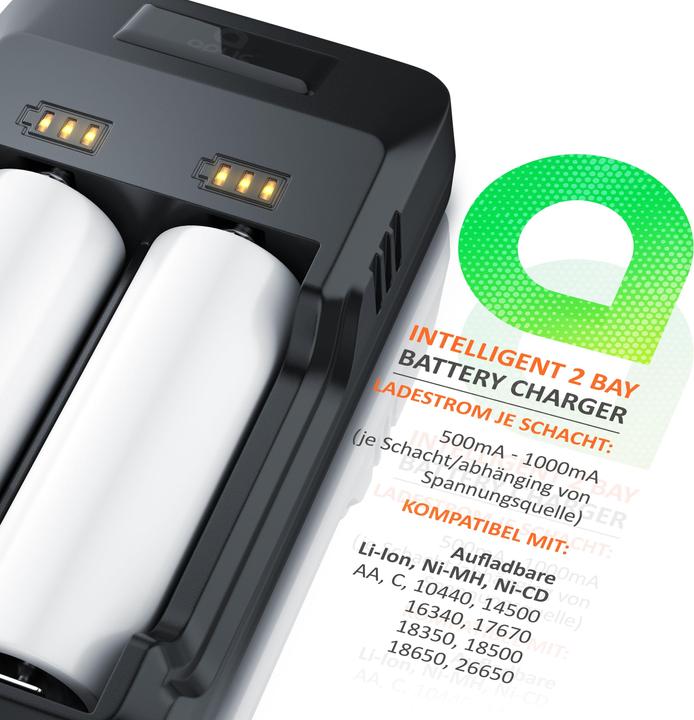 Actual product image Aplic Battery charger 2000 mA, USB battery charger with two slots for Ni-MH / Ni-Cd / Li-ion batteries (14500, 16340, 18650, 26650, C, AA, 2000 mAh, Chargers without battery)
