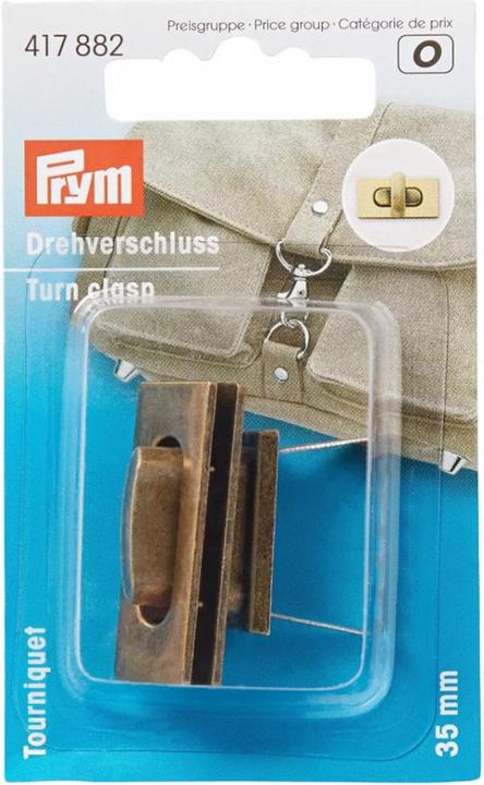 Produktbild Prym Drehverschluss für Taschen, altmessing gebürstet 35 x 17 mm, Karte 1 Stk.