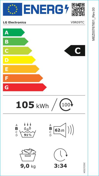 Etichetta energetica LG V9R09TC (9 kg, Modificabile, A destra, Spina UE)