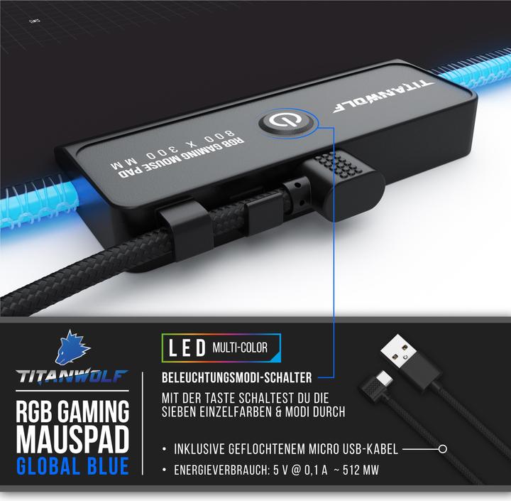 Produktbild Titanwolf RGB Gaming Mauspad, Mausmatte XL 800 x 300mm verbessert Präzision & Geschwindigkeit, Weltkarte blau