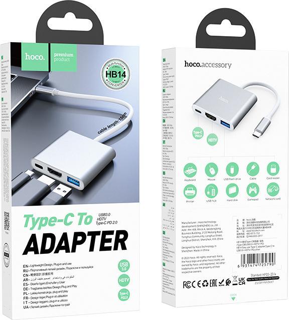 Produktbild Hoco Adapteris HB14 Type-C to USB-A+HDMI+Type-C sidabrinis (USB-C, 3 Ports)
