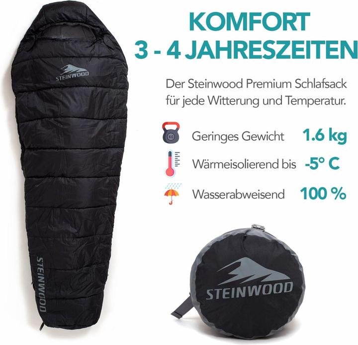 Produktbild Steinwood Premium 3-4 Season Schlafsack 210cm, Koppelbar, extra Breit, Outdoor, Anthrazit (210 cm)