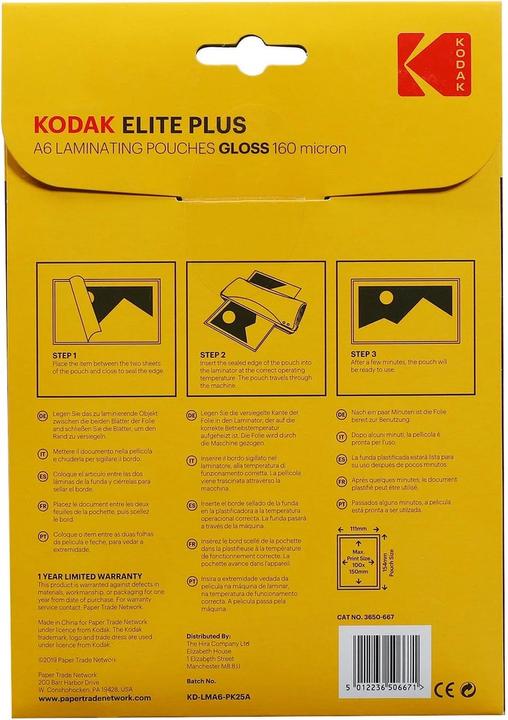 Image du produit Kodak Film de plastification A6 25 pièces, 160 microns, brillant (A6, 25 pièce(s), 160 µm)