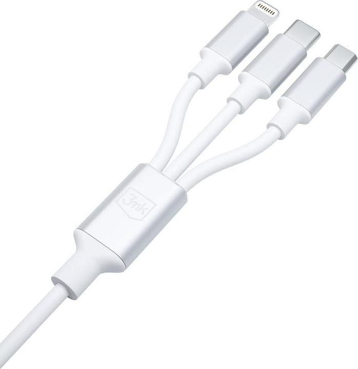 Produktbild 3MK Hyper Cable 3w1 USB-A/USB-C - USB-C/Micro/Lightning 1.5m Biały/White Kabel (1.50 m, USB 3.2 Gen 1, 12 W)