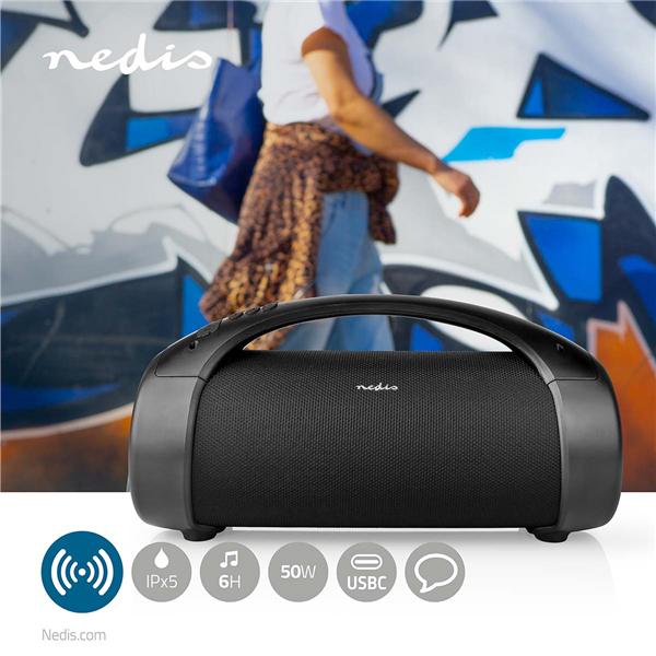 Actual product image Nedis Bluetooth® Party Boombox 6 hrs 2.0 50 W Media Playback: AUX/USB IPX5 Linkable Carrying Handle (6 h, Rechargeable battery operated)
