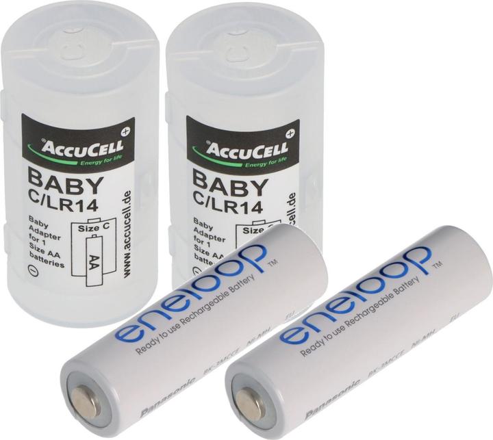 Immagine prodotto Panasonic 2x adattatore C, Baby, LR14 e batteria eneloop NiMH, Mignon, AA, HR06 (2 pz., R14, C, 2000 mAh)