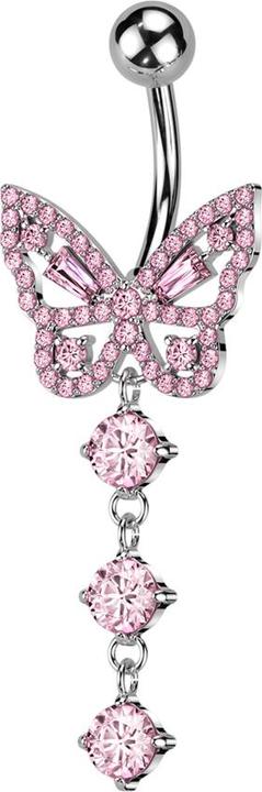 Star Piercing Banane silber mit Kugel und Schmetterling Anhänger Kette mit drei Kristallen pink (Messing, Chirurgenstahl 316L)