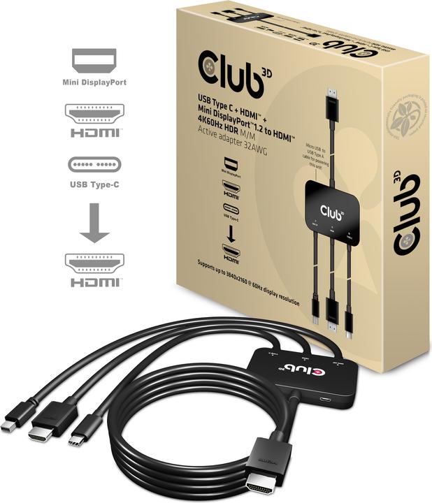 Produktbild Club 3D Aktiver Adapter Multiport zu HDMI 4K60Hz (USB Typ-C, Mini DP, HDMI, 8 cm)