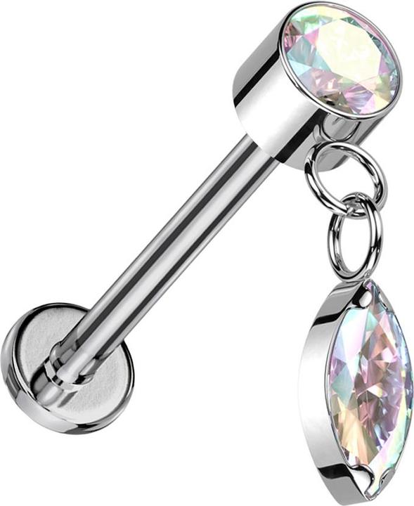 Hollywood Body Jewelry Micro Threadless Labret silber Zylinder silber Kristall multicolor Anhänger Ovaler Kristall multicol (ohne Messing, Titan G23)