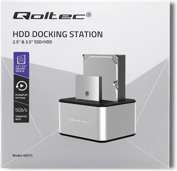Actual product image Qoltec 50316 2x HDD/SSD docking station 2.5/3.5inch SATA USB 3.0 Cloning