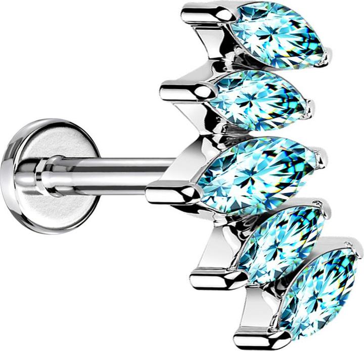Star Piercing Micro Labret Innengewinde silber Fächer mit fünf Kristalle aqua (Chirurgenstahl 316L, ohne Messing)