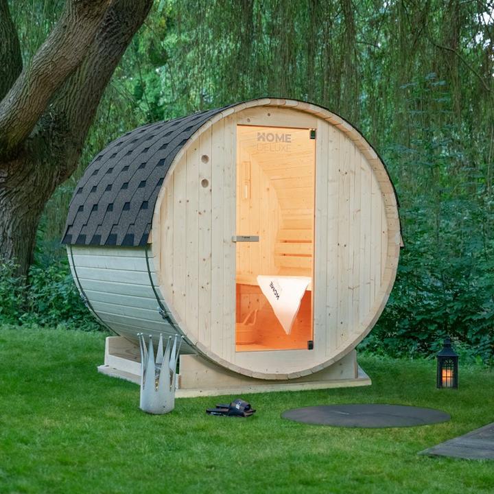 Produktbild Home Deluxe Outdoor Sauna Fasssauna AQUILA M - 195 x 120 cm für 2 Personen - Sauna mit 3,6kW Ofen (Plug & Play 3,6 KW interne Steuerung)