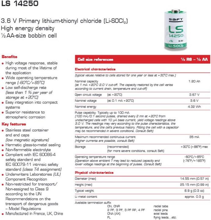 Produktbild Saft Batterie LS14250CNR, Size 1/2 AA, Lötfahnen U-Form (1 Stk., 1/2 AA, 1100 mAh)